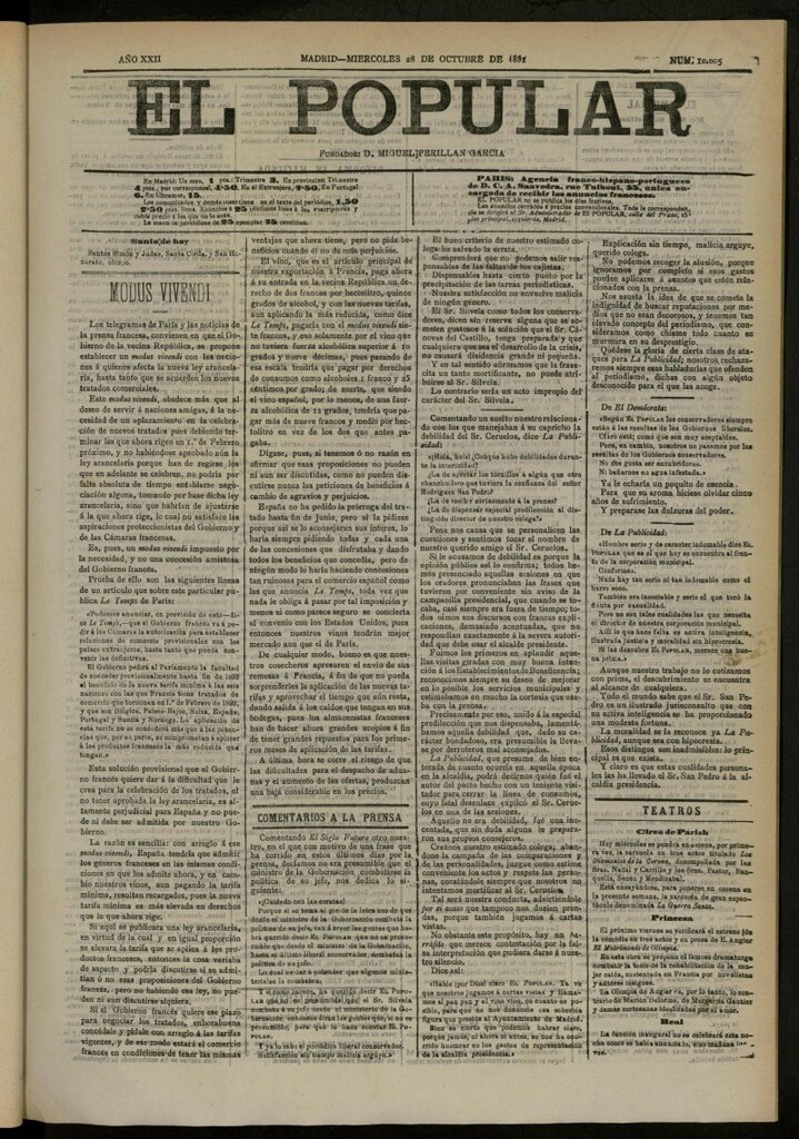 Miniatura de El Popular: diario independiente, político, literario y de noticias de interés general del 28 de octubre de 1891, nº 10005