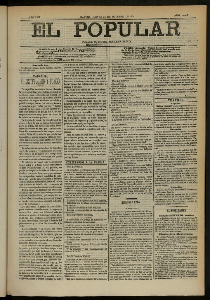 Miniatura de El Popular: diario independiente, político, literario y de noticias de interés general del 29 de octubre de 1891, nº 10006