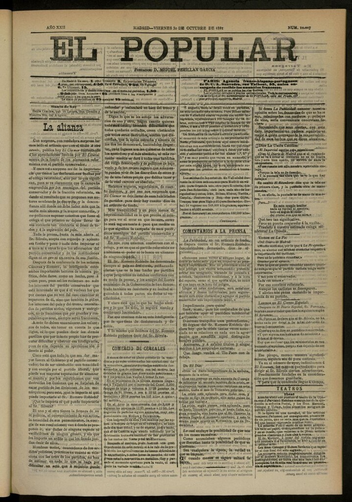 Miniatura de El Popular: diario independiente, político, literario y de noticias de interés general del 30 de octubre de 1891, nº 10007