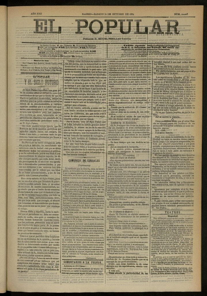 Miniatura de El Popular: diario independiente, político, literario y de noticias de interés general del 31 de octubre de 1891, nº 10008