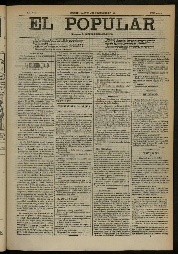 Miniatura de El Popular: diario independiente, político, literario y de noticias de interés general del 3 de noviembre de 1891, nº 10010