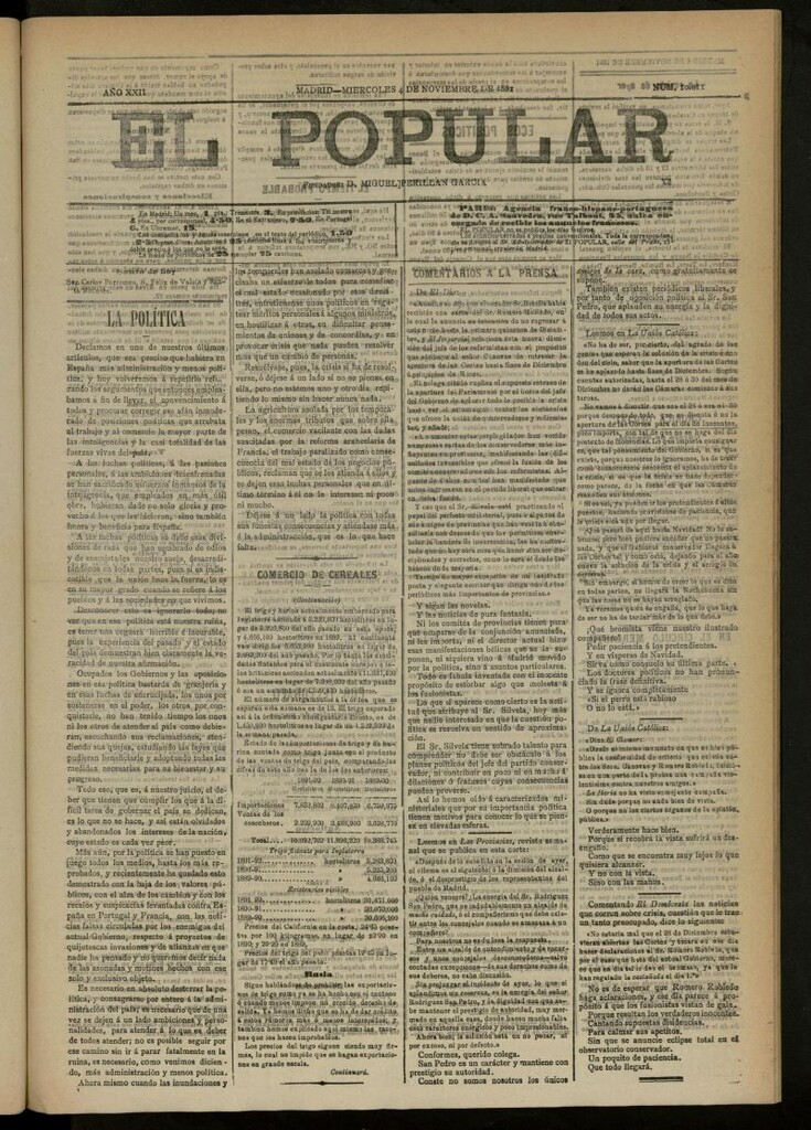 Miniatura de El Popular: diario independiente, político, literario y de noticias de interés general del 4 de noviembre de 1891, nº 10011