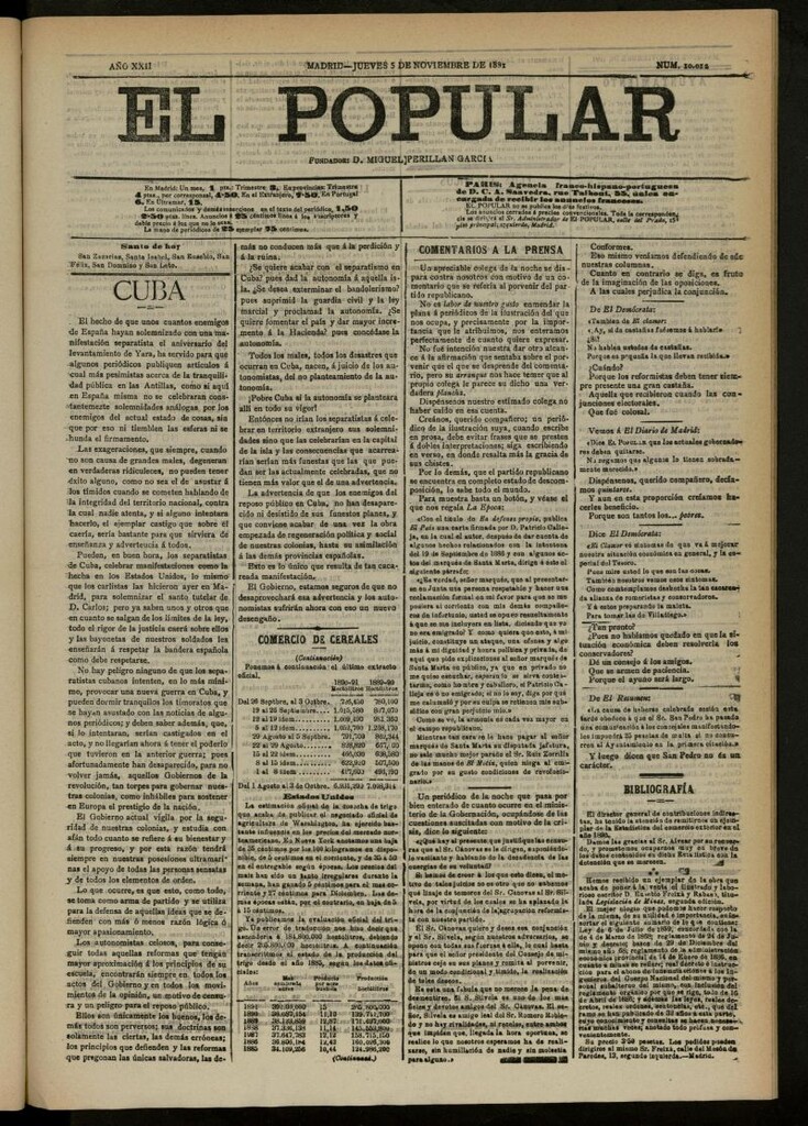 Miniatura de El Popular: diario independiente, político, literario y de noticias de interés general del 5 de noviembre de 1891, nº 10012
