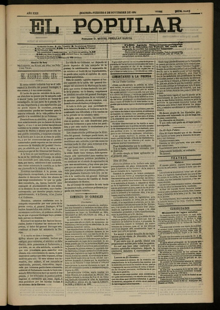 Miniatura de El Popular: diario independiente, político, literario y de noticias de interés general del 6 de noviembre de 1891, nº 10013
