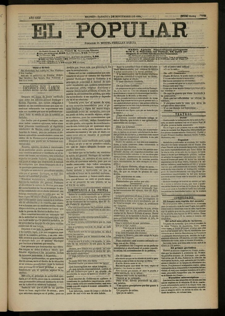 Miniatura de El Popular: diario independiente, político, literario y de noticias de interés general del 7 de noviembre de 1891, nº 10014