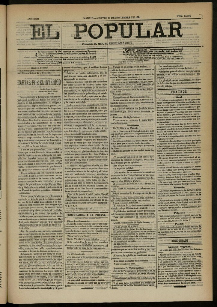 Miniatura de El Popular: diario independiente, político, literario y de noticias de interés general del 10 de noviembre de 1891, nº 10016