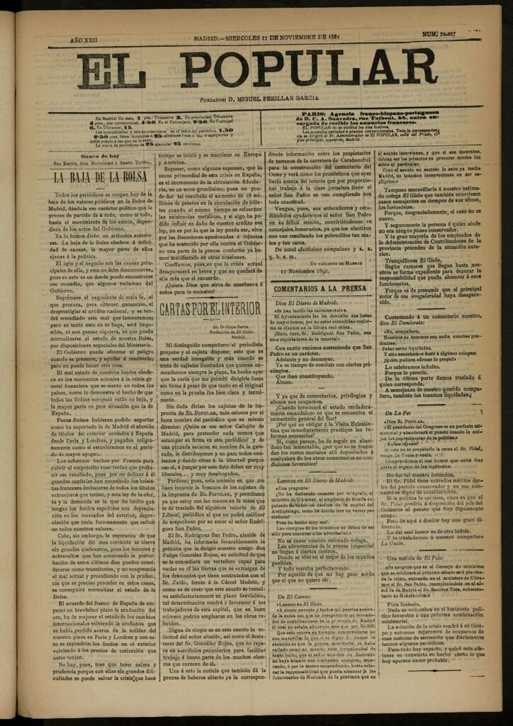 Miniatura de El Popular: diario independiente, político, literario y de noticias de interés general del 11 de noviembre de 1891, nº 10017