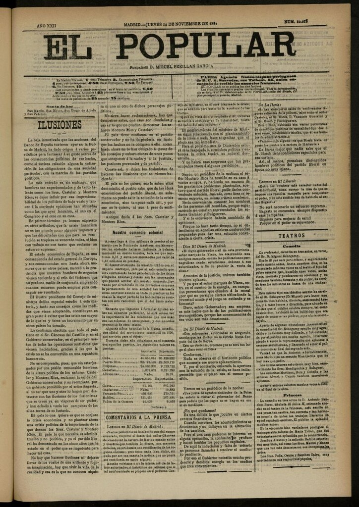 Miniatura de El Popular: diario independiente, político, literario y de noticias de interés general del 12 de noviembre de 1891, nº 10018
