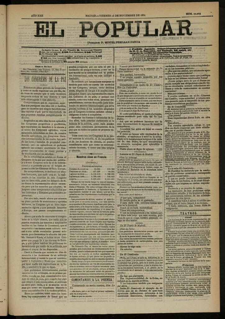Miniatura de El Popular: diario independiente, político, literario y de noticias de interés general del 13 de noviembre de 1891, nº 10019