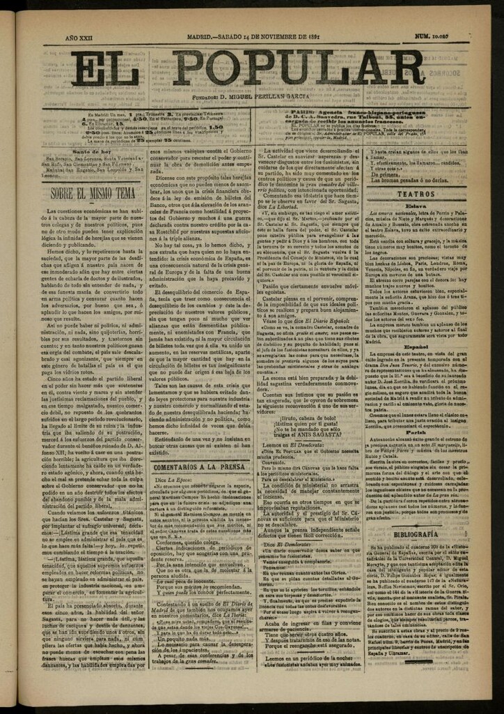 Miniatura de El Popular: diario independiente, político, literario y de noticias de interés general del 14 de noviembre de 1891, nº 10020