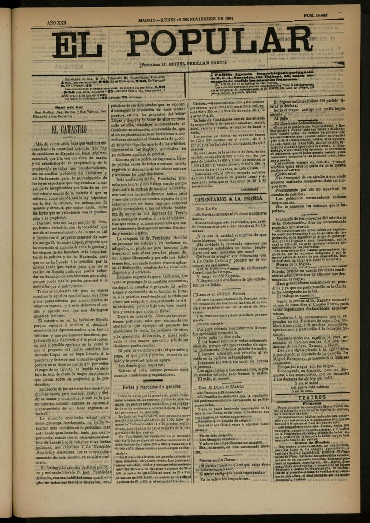 Miniatura de El Popular: diario independiente, político, literario y de noticias de interés general del 16 de noviembre de 1891, nº 10021