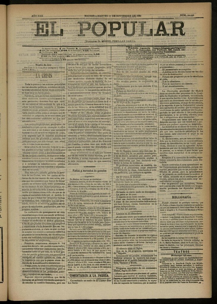 Miniatura de El Popular: diario independiente, político, literario y de noticias de interés general del 17 de noviembre de 1891, nº 10022
