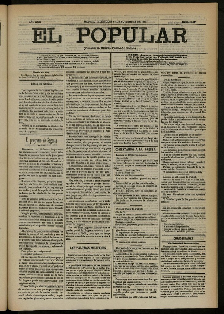 Miniatura de El Popular: diario independiente, político, literario y de noticias de interés general del 18 de noviembre de 1891, nº 10023