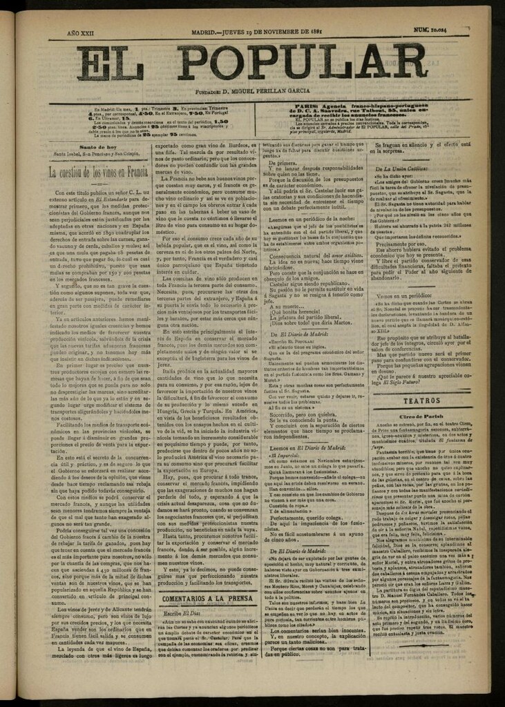 Miniatura de El Popular: diario independiente, político, literario y de noticias de interés general del 19 de noviembre de 1891, nº 10024