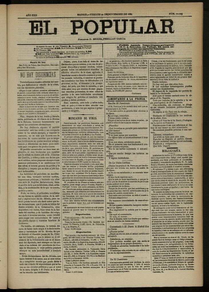Miniatura de El Popular: diario independiente, político, literario y de noticias de interés general del 20 de noviembre de 1891, nº 10025