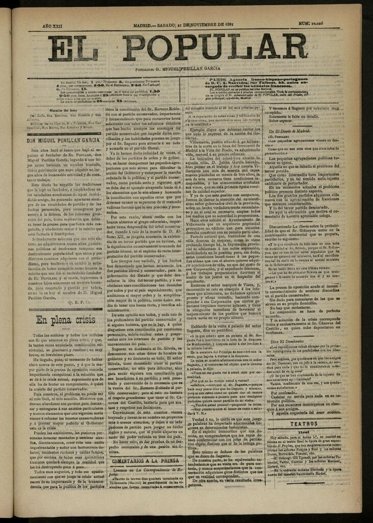 Miniatura de El Popular: diario independiente, político, literario y de noticias de interés general del 21 de noviembre de 1891, nº 10026