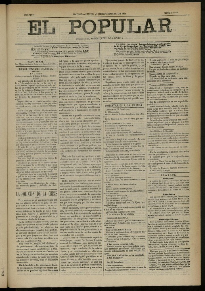 Miniatura de El Popular: diario independiente, político, literario y de noticias de interés general del 23 de noviembre de 1891, nº 10027