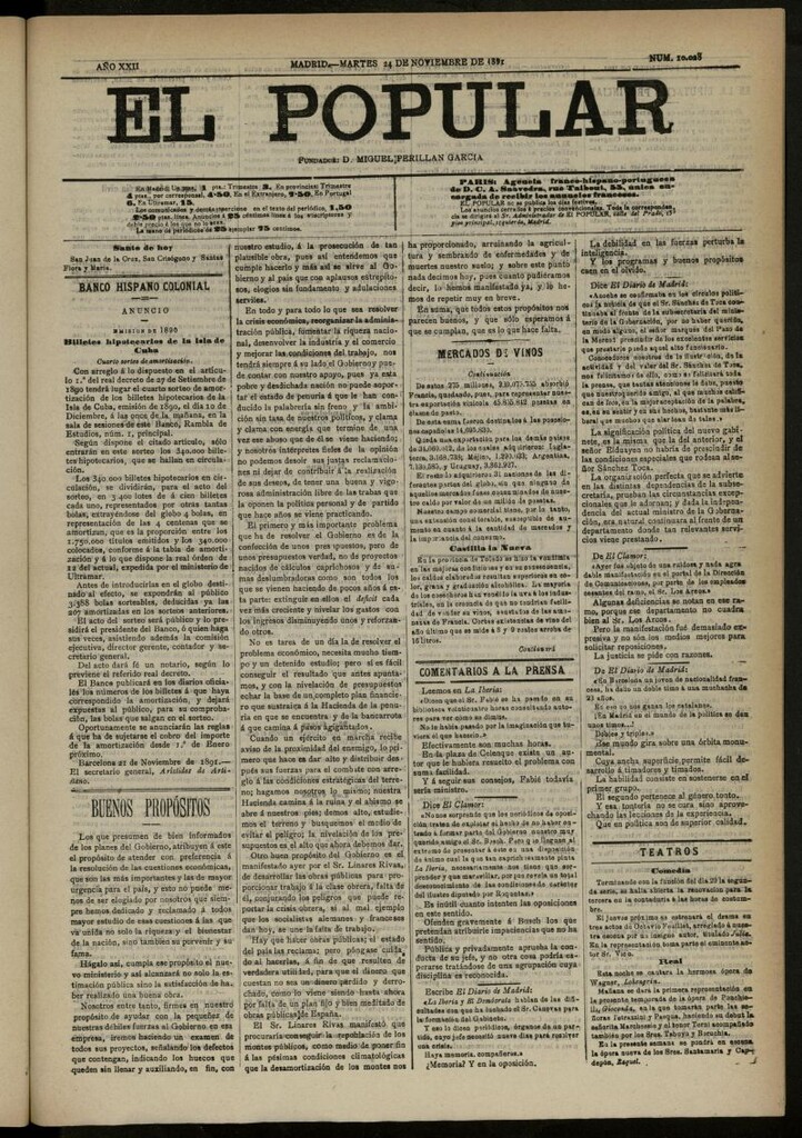 Miniatura de El Popular: diario independiente, político, literario y de noticias de interés general del 24 de noviembre de 1891, nº 10028