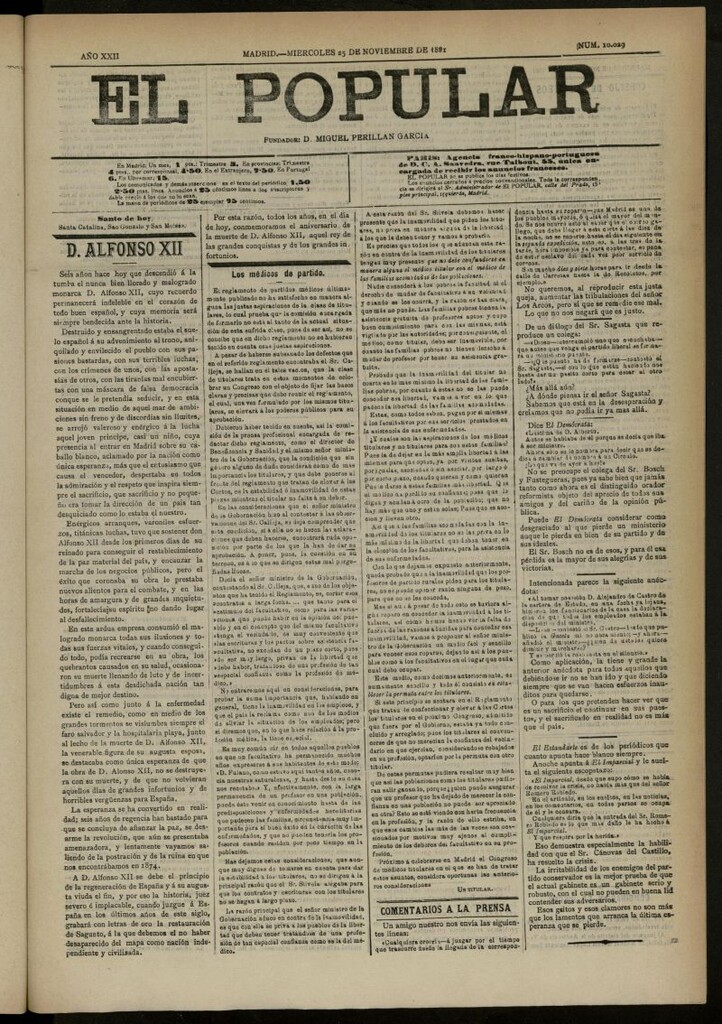 Miniatura de El Popular: diario independiente, político, literario y de noticias de interés general del 25 de noviembre de 1891, nº 10029