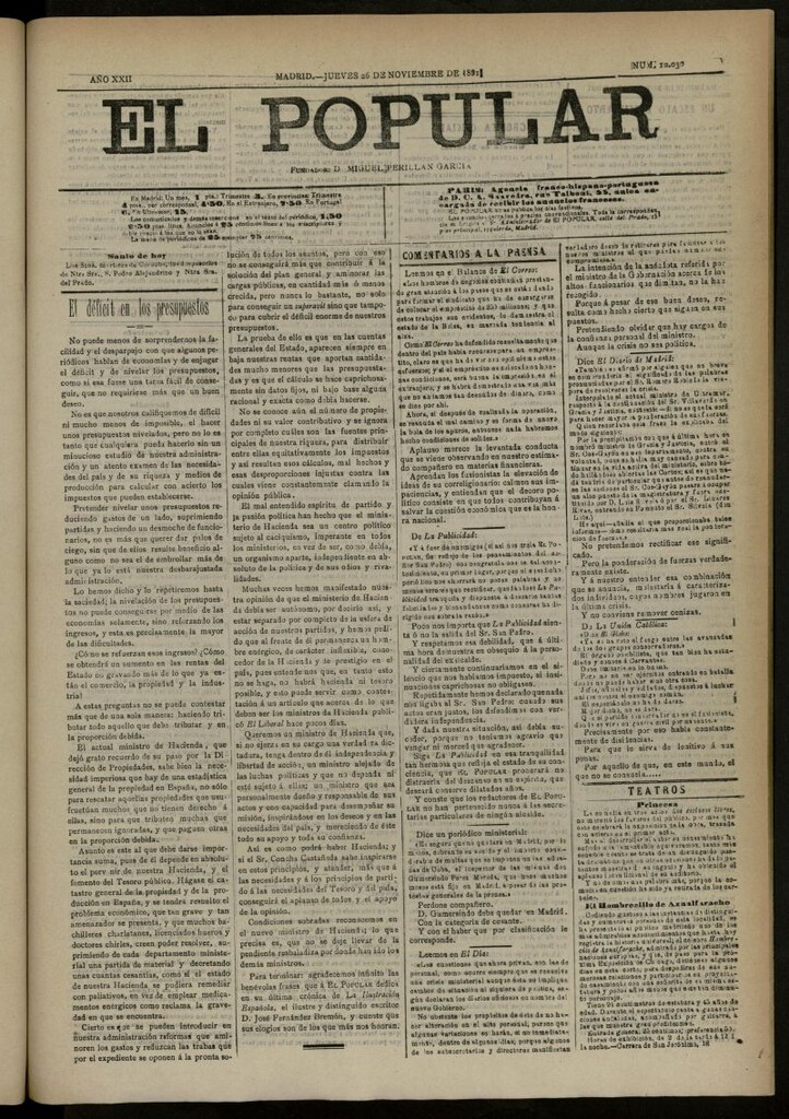 Miniatura de El Popular: diario independiente, político, literario y de noticias de interés general del 26 de noviembre de 1891, nº 10030