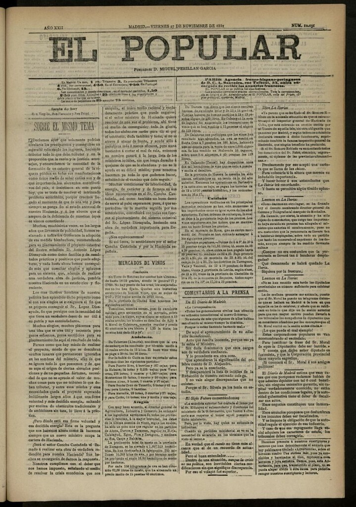Miniatura de El Popular: diario independiente, político, literario y de noticias de interés general del 27 de noviembre de 1891, nº 10031