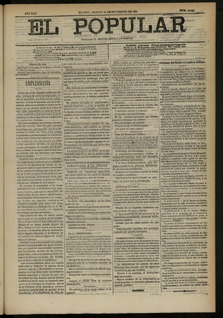 Miniatura de El Popular: diario independiente, político, literario y de noticias de interés general del 28 de noviembre de 1891, nº 10032