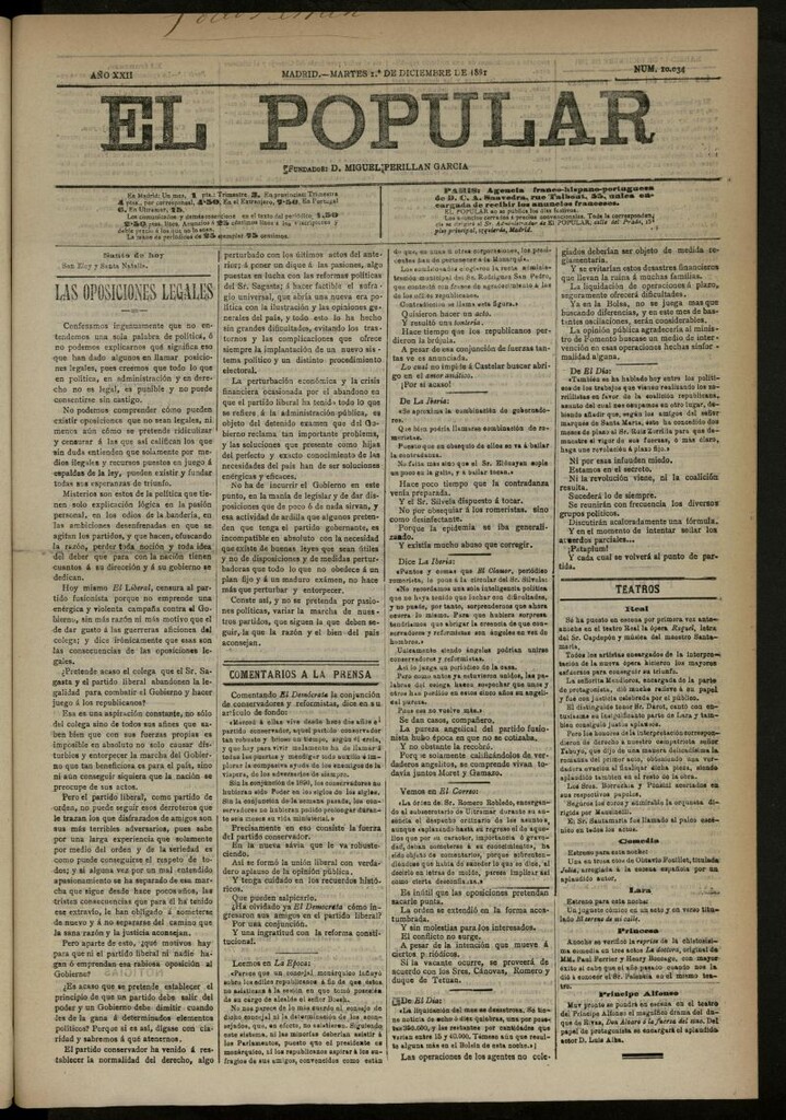 Miniatura de El Popular: diario independiente, político, literario y de noticias de interés general del 1 de diciembre de 1891, nº 10034