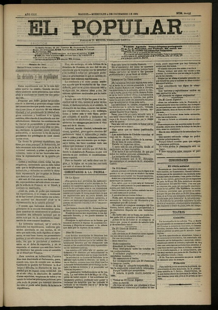 Miniatura de El Popular: diario independiente, político, literario y de noticias de interés general del 2 de diciembre de 1891, nº 10035