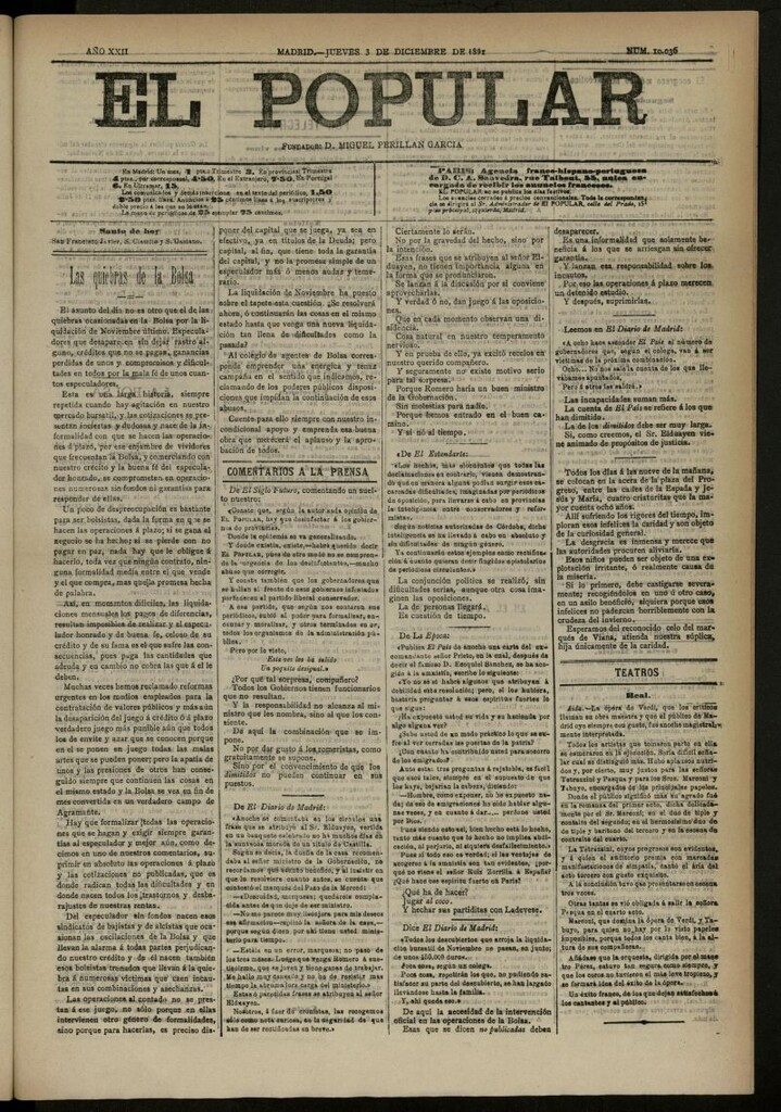 Miniatura de El Popular: diario independiente, político, literario y de noticias de interés general del 3 de diciembre de 1891, nº 10036