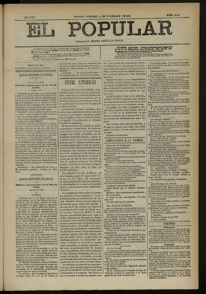 Miniatura de El Popular: diario independiente, político, literario y de noticias de interés general del 4 de diciembre de 1891, nº 10037