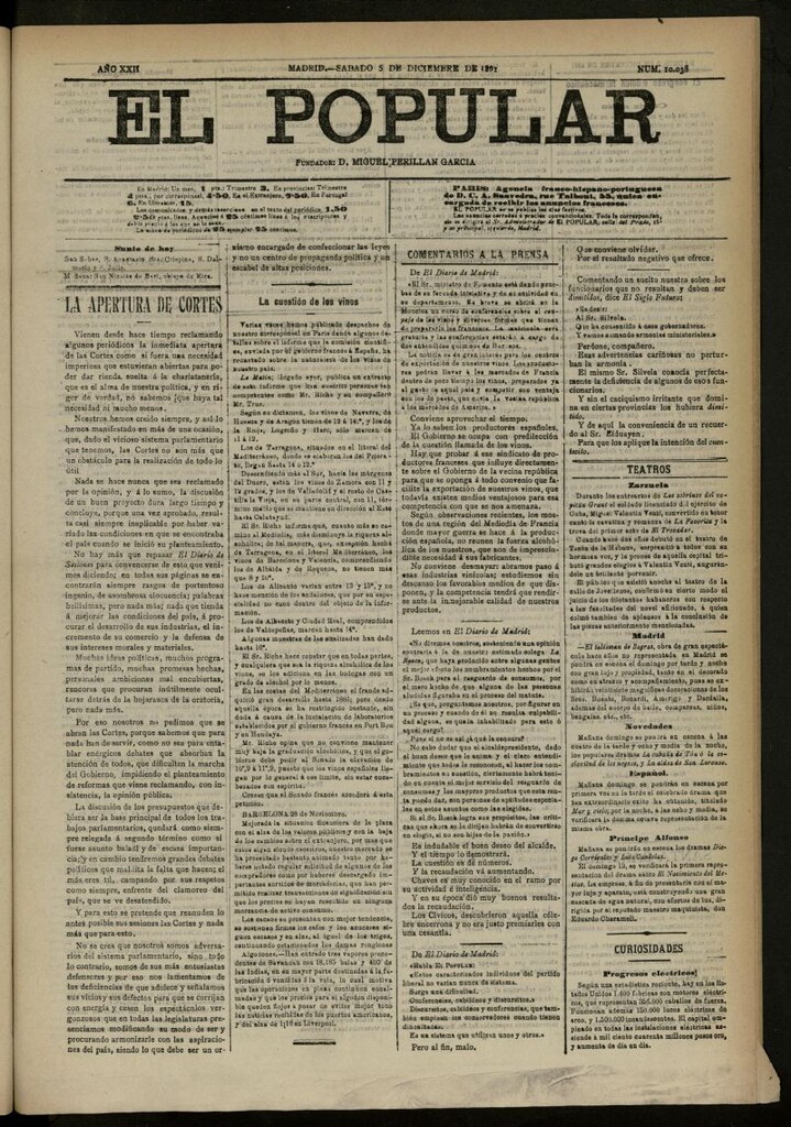 Miniatura de El Popular: diario independiente, político, literario y de noticias de interés general del 5 de diciembre de 1891, nº 10038