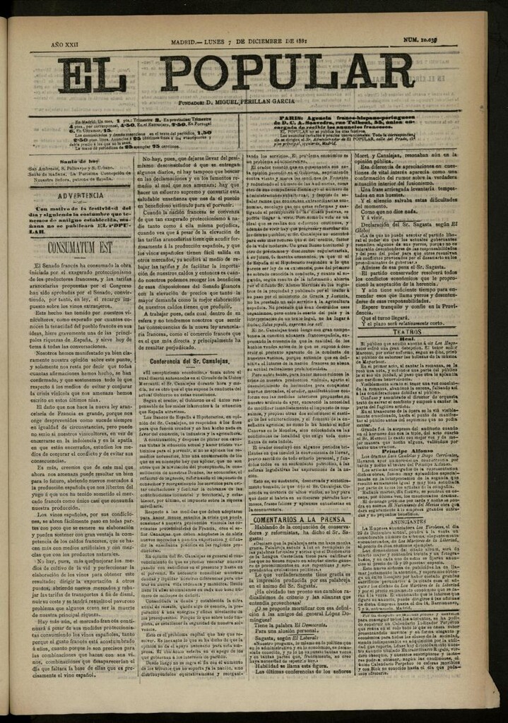 Miniatura de El Popular: diario independiente, político, literario y de noticias de interés general del 7 de diciembre de 1891, nº 10039