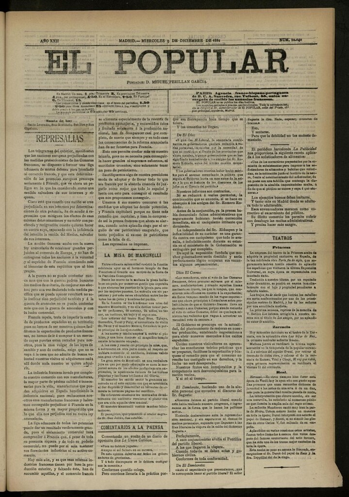 Miniatura de El Popular: diario independiente, político, literario y de noticias de interés general del 9 de diciembre de 1891, nº 10040