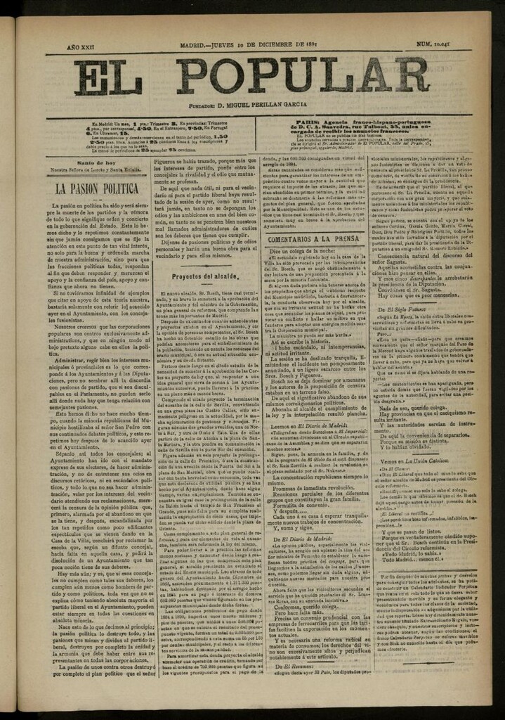 Miniatura de El Popular: diario independiente, político, literario y de noticias de interés general del 10 de diciembre de 1891, nº 10041