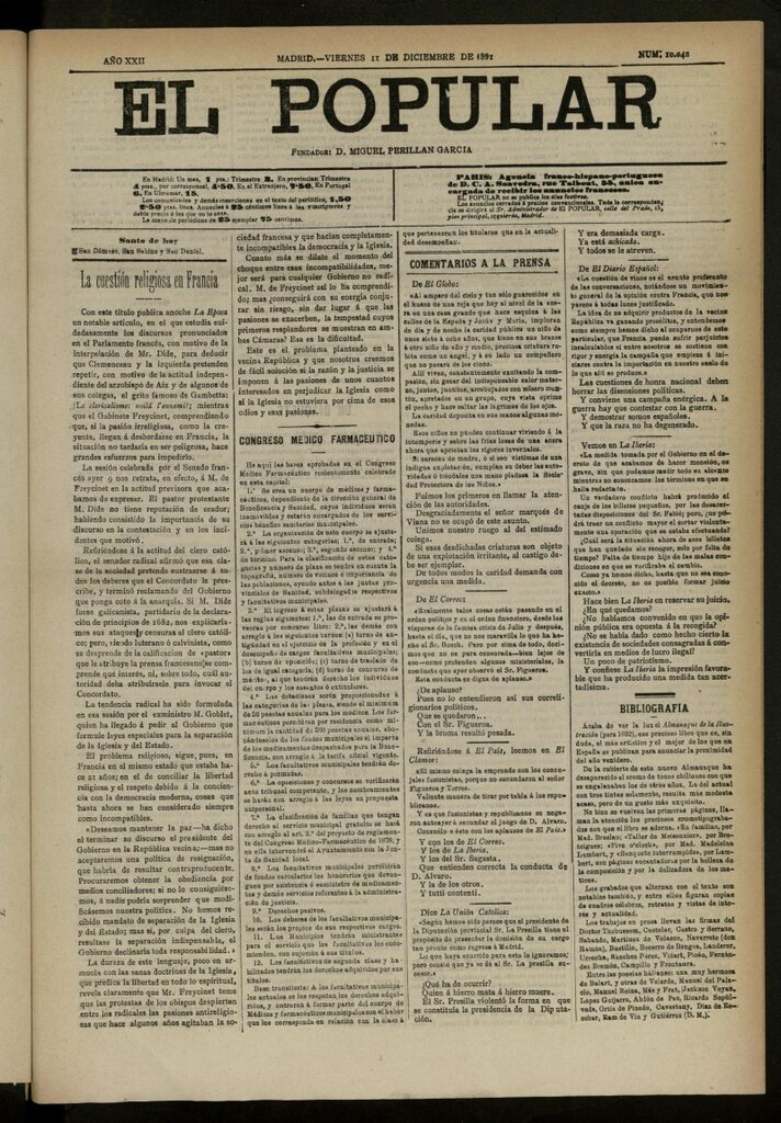 Miniatura de El Popular: diario independiente, político, literario y de noticias de interés general del 11 de diciembre de 1891, nº 10042