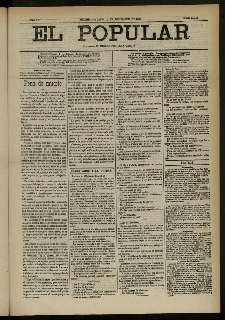 Miniatura de El Popular: diario independiente, político, literario y de noticias de interés general del 12 de diciembre de 1891, nº 10043