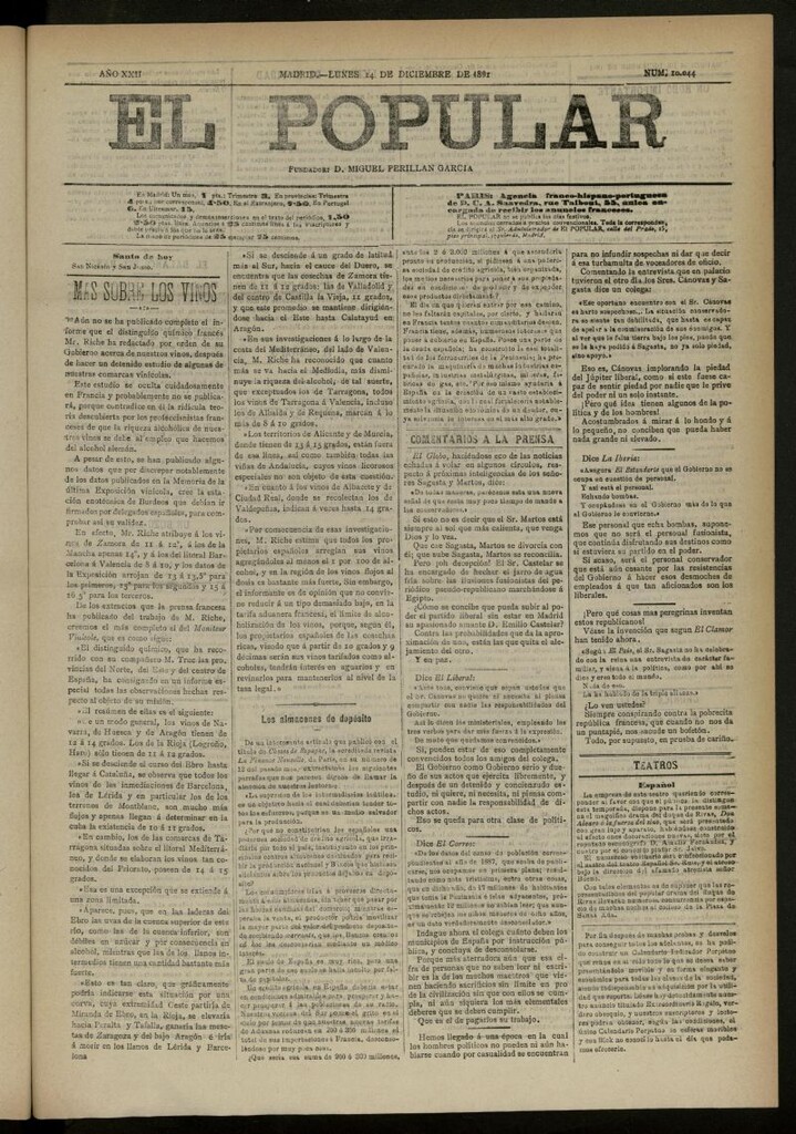 Miniatura de El Popular: diario independiente, político, literario y de noticias de interés general del 14 de diciembre de 1891, nº 10044