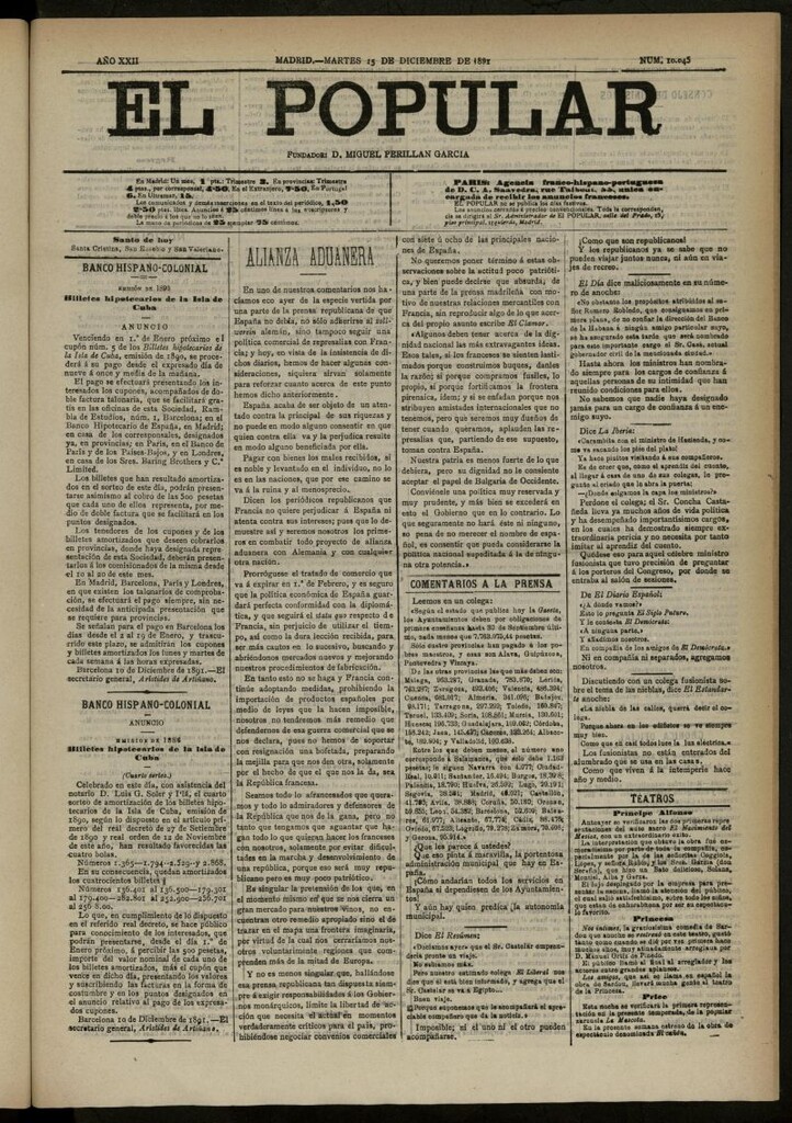 Miniatura de El Popular: diario independiente, político, literario y de noticias de interés general del 15 de diciembre de 1891, nº 10045