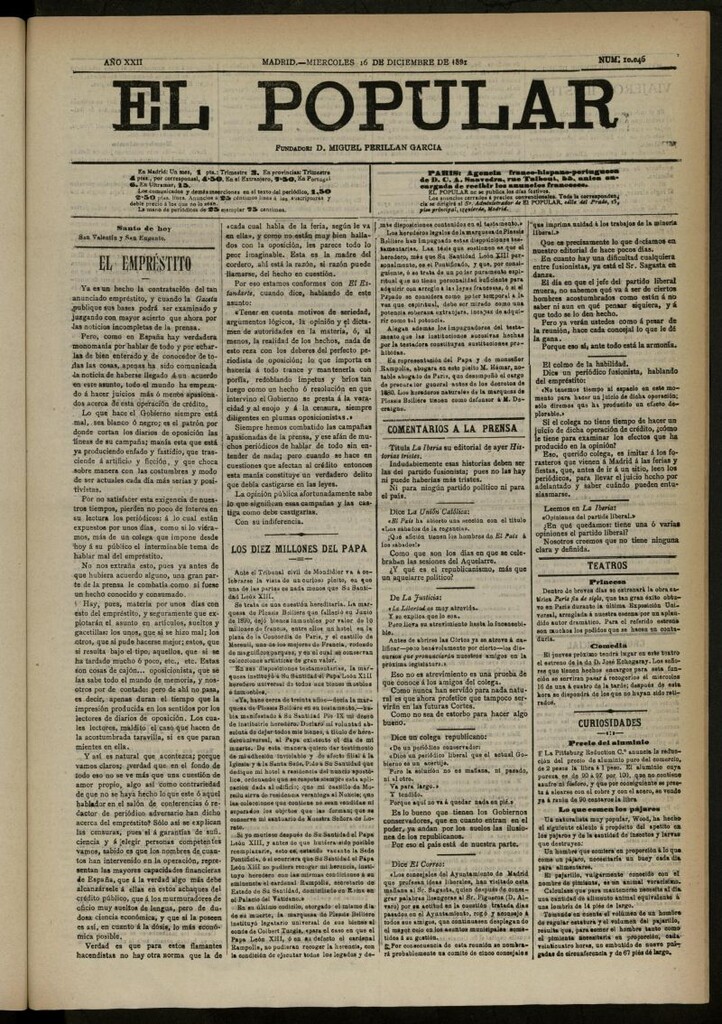 Miniatura de El Popular: diario independiente, político, literario y de noticias de interés general del 16 de diciembre de 1891, nº 10046