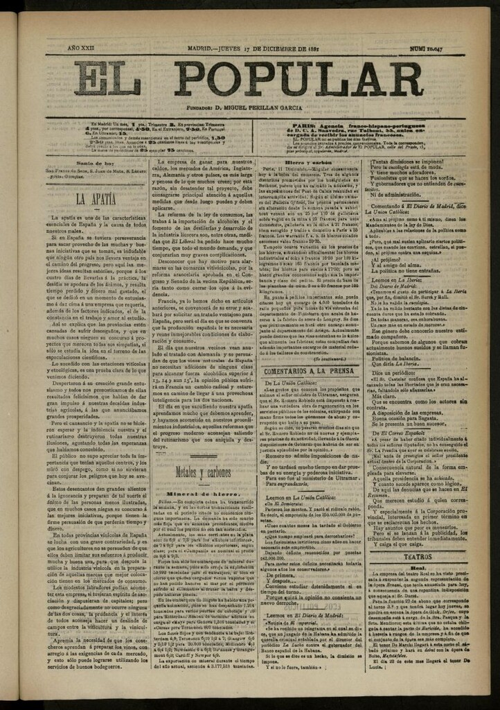 Miniatura de El Popular: diario independiente, político, literario y de noticias de interés general del 17 de diciembre de 1891, nº 10047