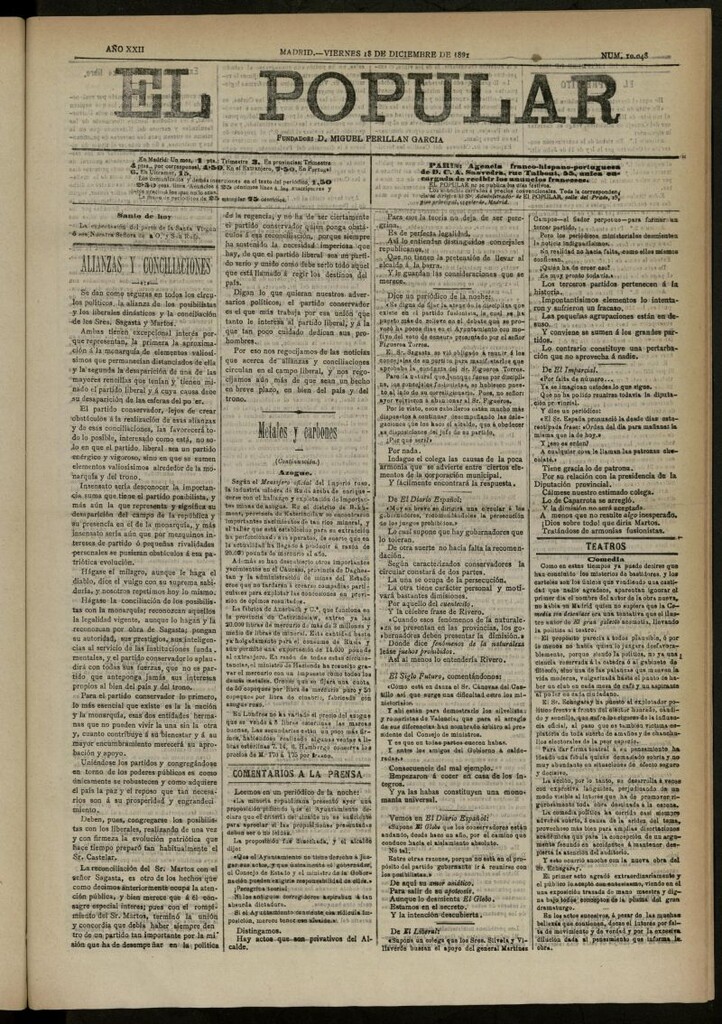 Miniatura de El Popular: diario independiente, político, literario y de noticias de interés general del 18 de diciembre de 1891, nº 10048