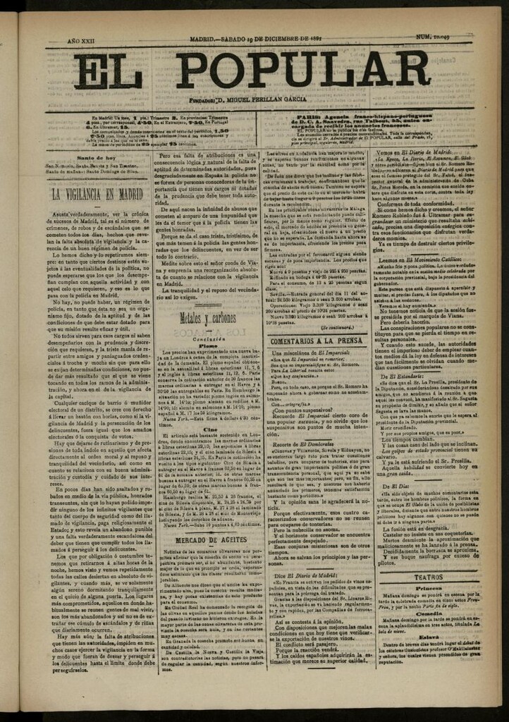 Miniatura de El Popular: diario independiente, político, literario y de noticias de interés general del 19 de diciembre de 1891, nº 10049