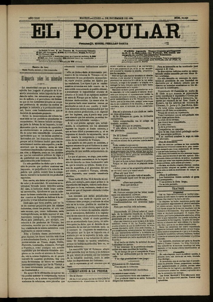 Miniatura de El Popular: diario independiente, político, literario y de noticias de interés general del 21 de diciembre de 1891, nº 10050