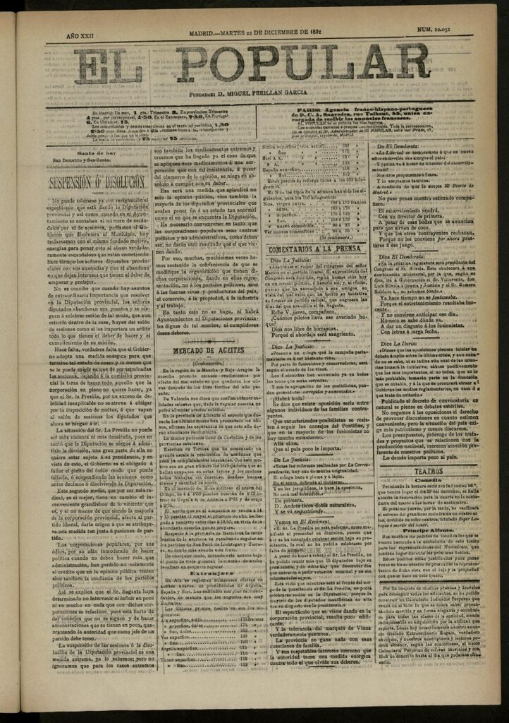 Miniatura de El Popular: diario independiente, político, literario y de noticias de interés general del 22 de diciembre de 1891, nº 10051