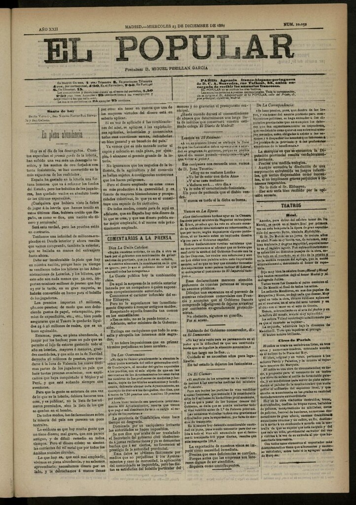 Miniatura de El Popular: diario independiente, político, literario y de noticias de interés general del 23 de diciembre de 1891, nº 10052
