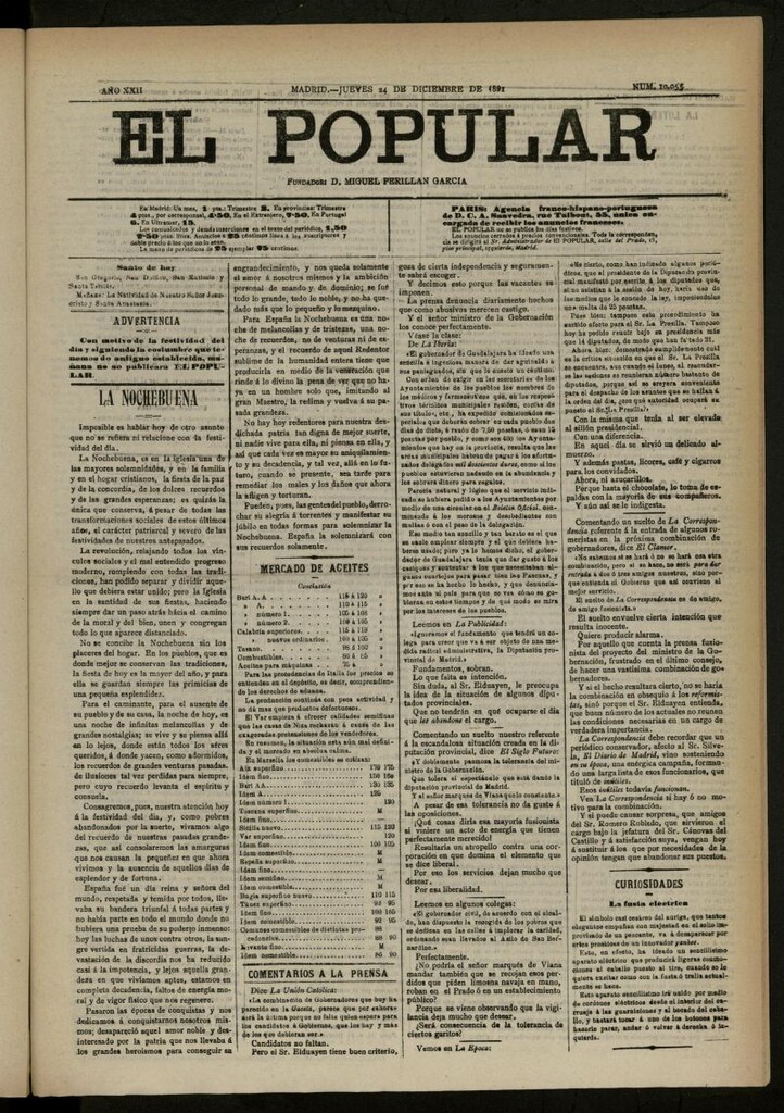 Miniatura de El Popular: diario independiente, político, literario y de noticias de interés general del 24 de diciembre de 1891, nº 10053