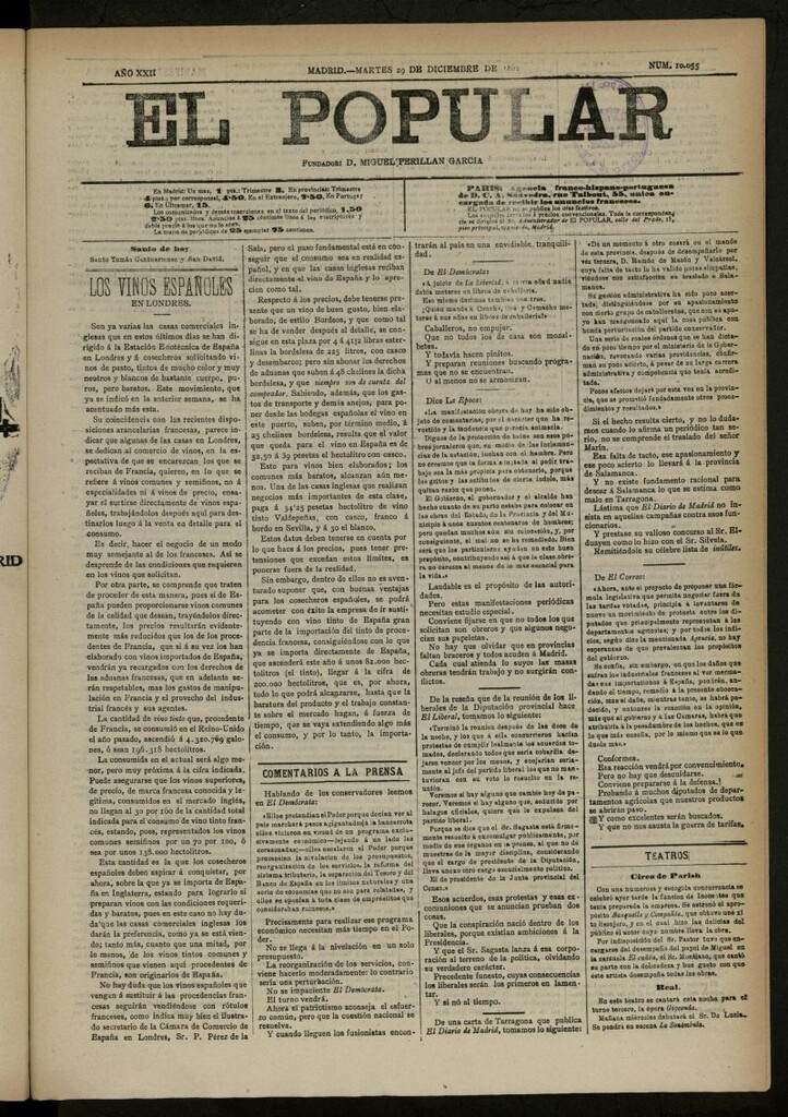 Miniatura de El Popular: diario independiente, político, literario y de noticias de interés general del 29 de diciembre de 1891, nº 10055