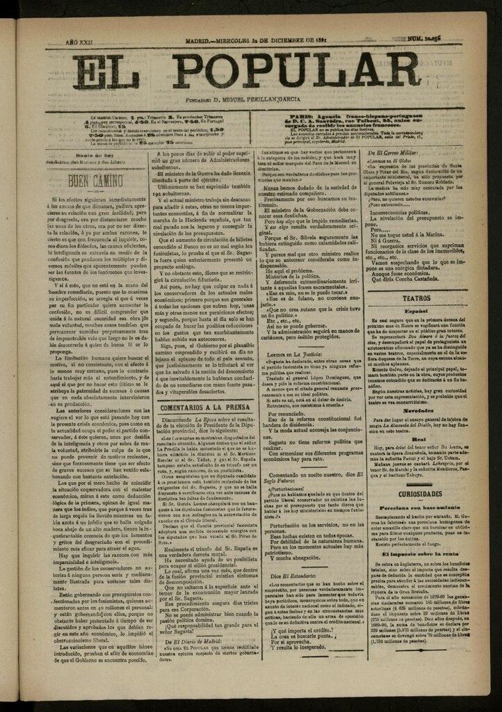 Miniatura de El Popular: diario independiente, político, literario y de noticias de interés general del 30 de diciembre de 1891, nº 10056