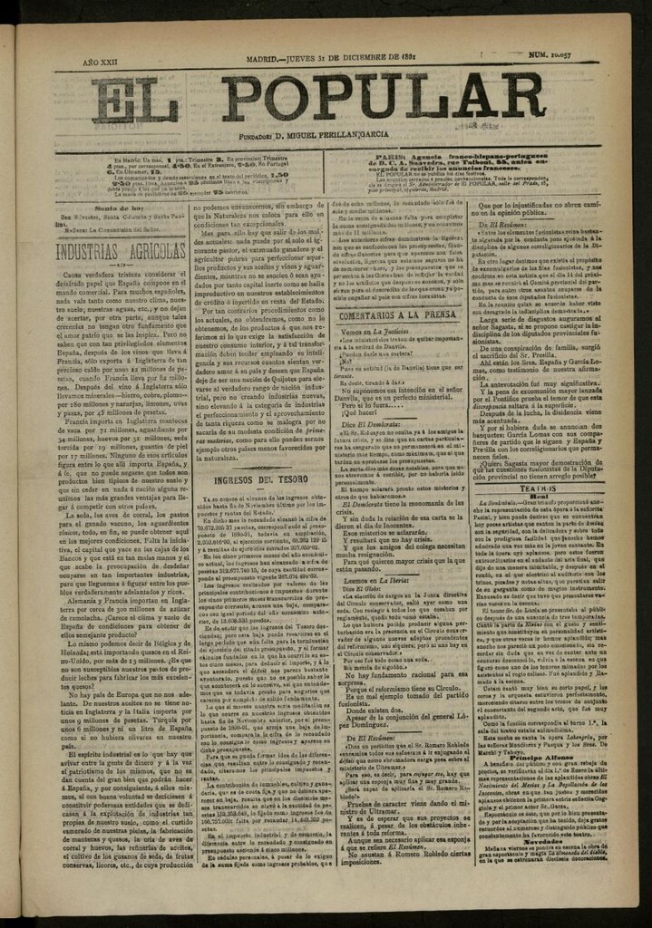 Miniatura de El Popular: diario independiente, político, literario y de noticias de interés general del 31 de diciembre de 1891, nº 10057