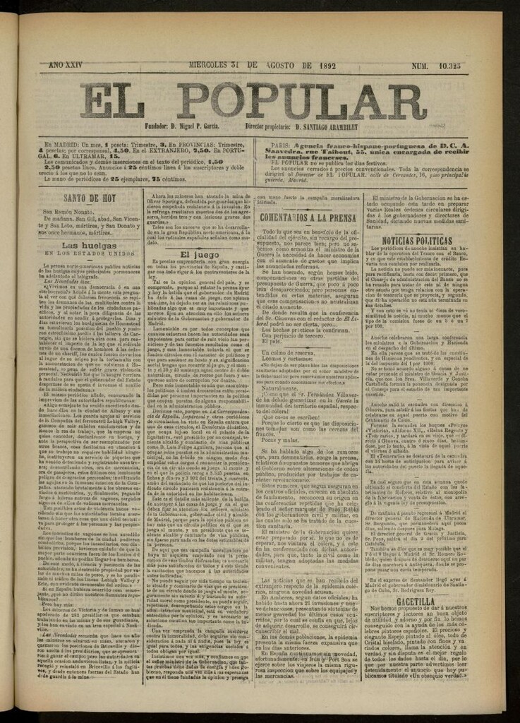 Miniatura de El Popular: diario independiente, político, literario y de noticias de interés general del 31 de agosto de 1892, nº 10325